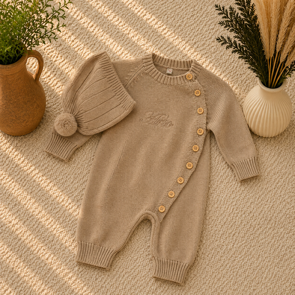 A baby knit romper and matching hat set in a warm taupe-beige color, styled in a flat-lay arrangement on a textured beige rug with decorative potted plants and dried grass in vases.