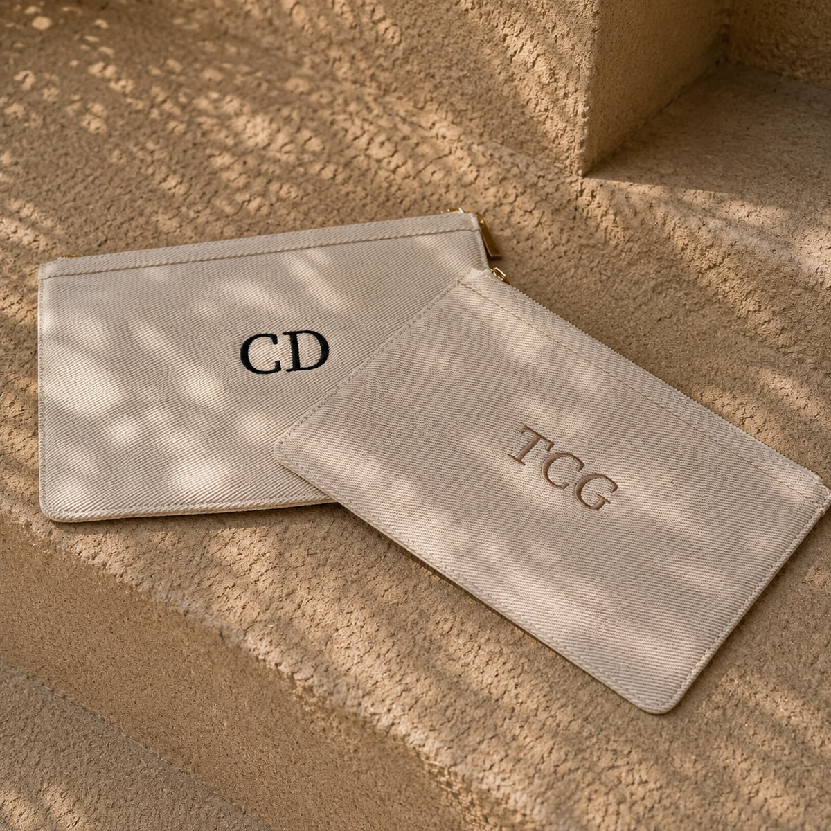 Two beige canvas zip pouches resting on textured concrete steps under dappled sunlight. One pouch is embossed with the black letters 'CD' and the other with the gold-toned letters 'TCG'.