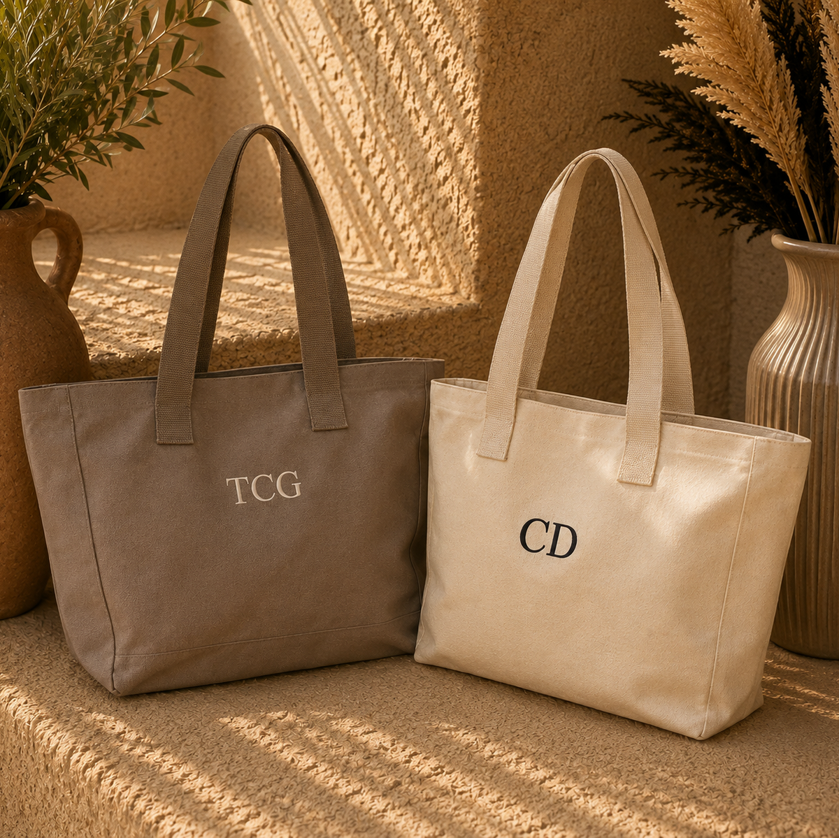 Two canvas tote bags displayed on a textured stone surface with warm natural lighting. The left bag is taupe-brown with the monogram 'TCG' in white, and the right bag is cream with the monogram 'CD' in dark blue.