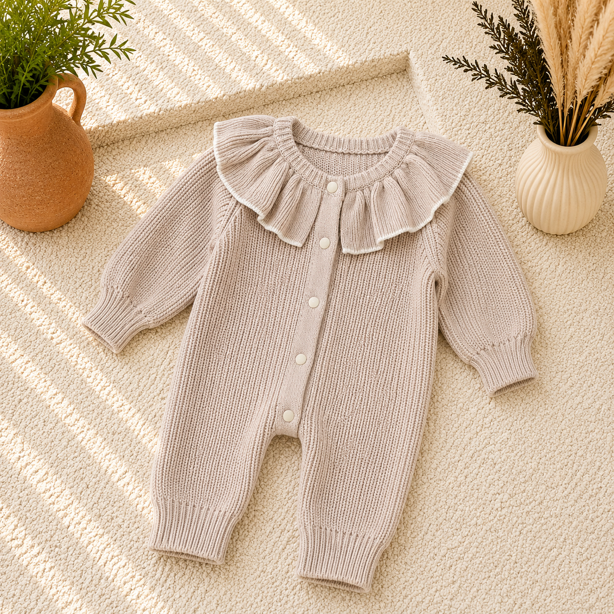 A baby knit romper in a light oatmeal beige color, featuring a large ruffled collar and snap-button front, styled flat-lay on a textured cream rug with decorative plants and dried grass in vases.