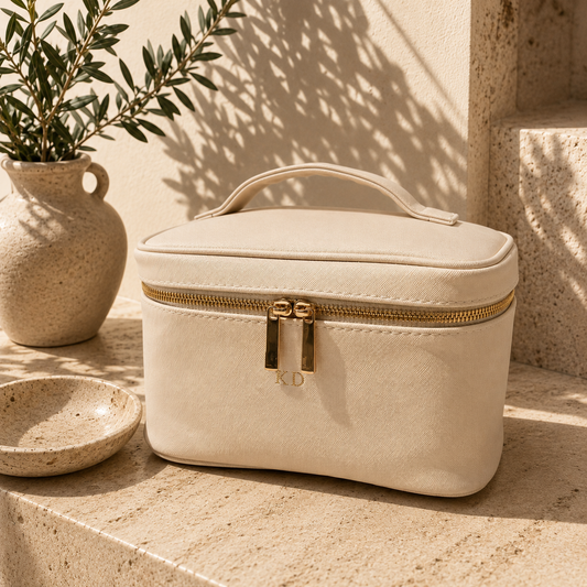 A cream-colored faux leather cosmetic bag with a gold zipper and handle, styled on a stone surface next to a ceramic vase with greenery.