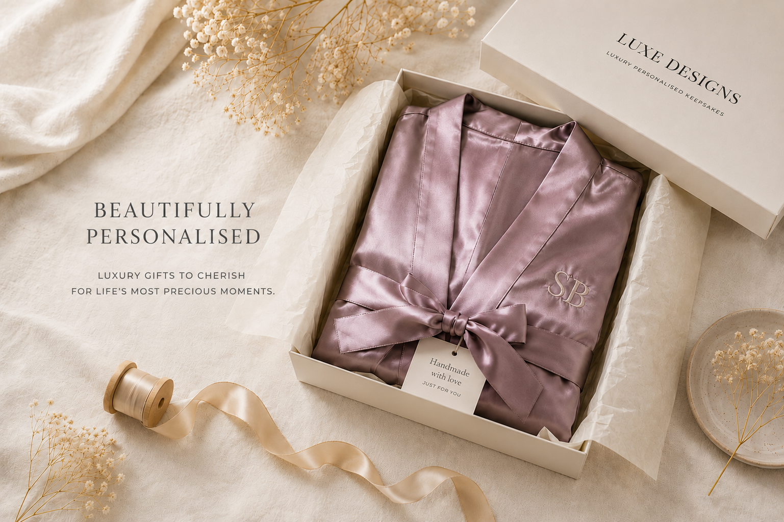 Luxury personalised embroidered gifts including bridal robes, baby gifts and personalised accessories by Luxe Designs
