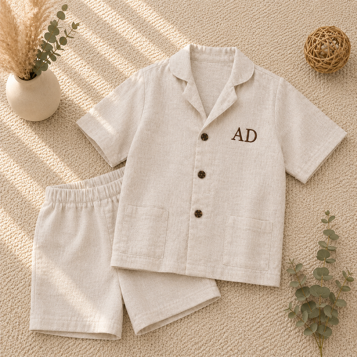 A two-piece children's pajama set laid flat on a textured beige rug, featuring a short-sleeve button-front top with a collar and the letters 'AD' embroidered on the chest, paired with matching shorts. The set is styled with dried grass in a small vase and a woven ball on a warm, sunlit background.