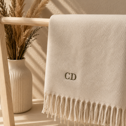 A cream-colored scarf with fringe and an embroidered 'CD' monogram, draped over a wooden stand next to a ribbed ceramic vase with dried grasses.