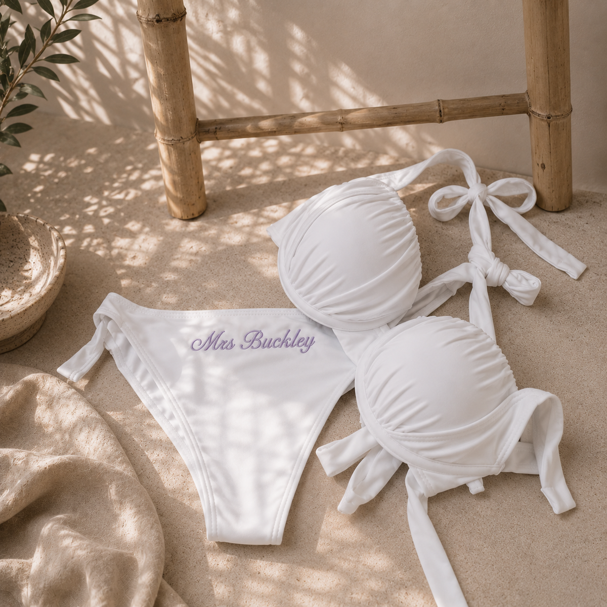 Personalised Bridal Shell Bikini | Embroidered Honeymoon Swimwear