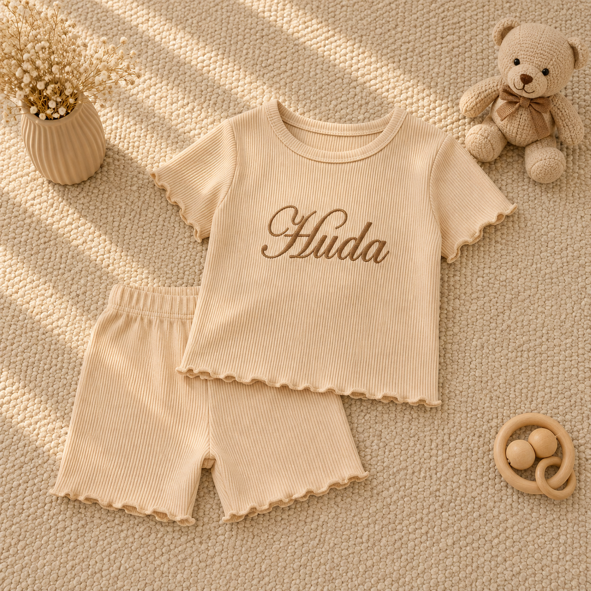 A baby two-piece ribbed knit outfit set in a warm cream color, featuring a short-sleeve top with scalloped edges and the name 'Huda' embroidered on the chest, paired with matching shorts. The set is styled in a flat-lay arrangement on a textured beige carpet alongside a teddy bear, a vase of dried flowers, and a pacifier clip.