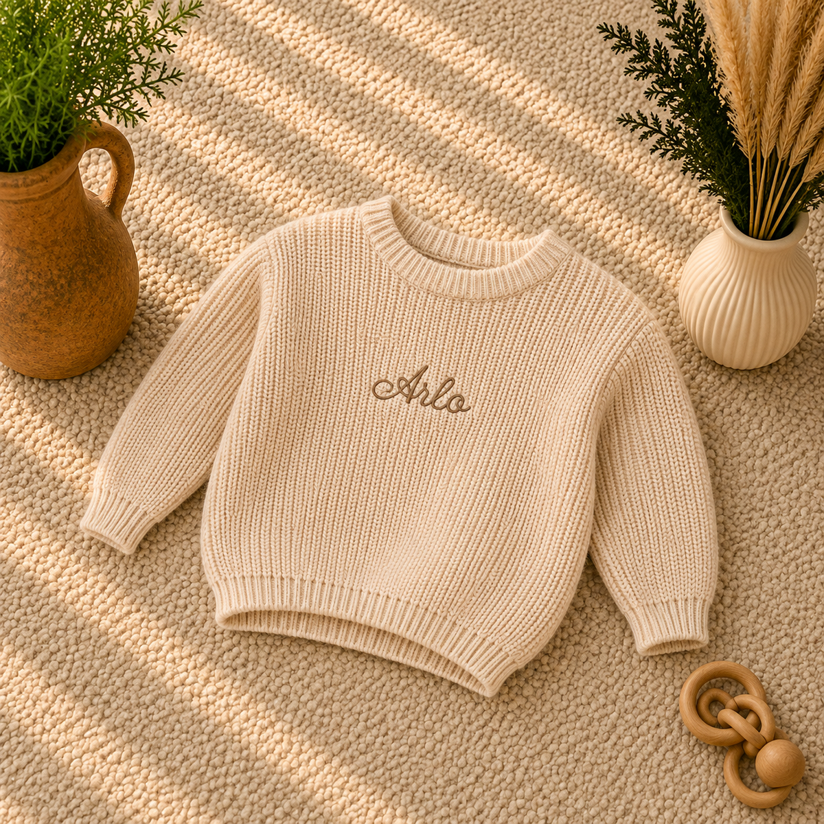 A cream-colored ribbed knit baby sweater with 'Aria' embroidered on the chest, styled on a textured beige rug with potted plants and a wooden toy.