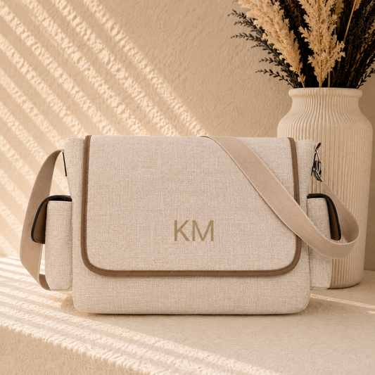 A beige canvas messenger bag with a monogrammed 'KM' on the front flap, styled next to a ceramic vase with dried grasses on a textured beige surface under warm diagonal shadows.