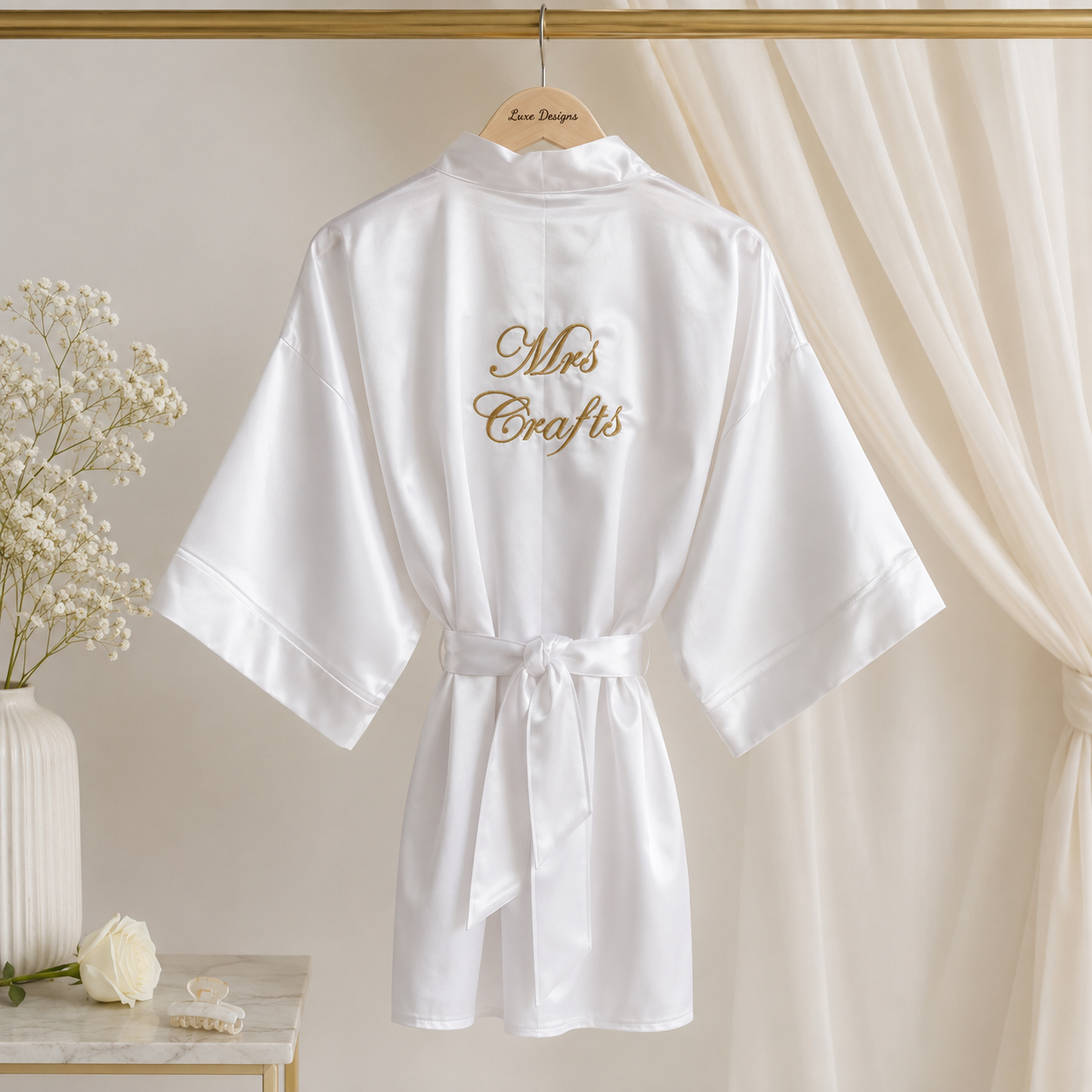 A white satin-like robe hanging on a wooden hanger against a soft cream curtain backdrop. The back of the robe is embroidered with the words "Mrs.