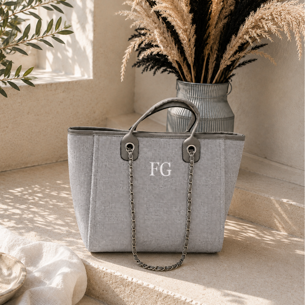 A light gray fabric tote bag with dark gray leather trim, a top handle, and a silver chain strap, placed on a beige stone surface. The bag has the letters 'FG' printed on the front.