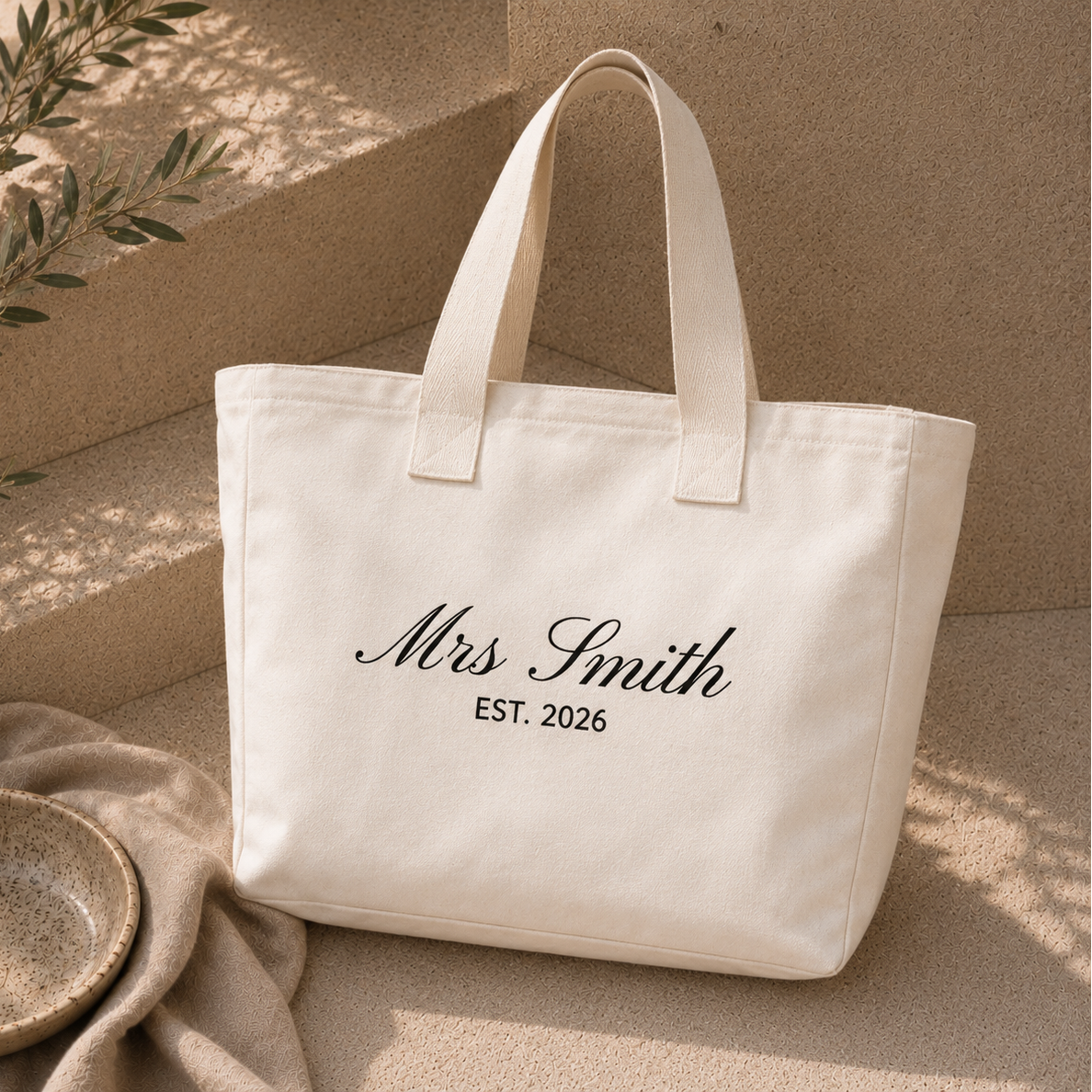 A cream canvas tote bag with black script text reading 'Mrs Smith EST. 2026' sits on a beige stone surface with a draped cloth and a small bowl nearby.