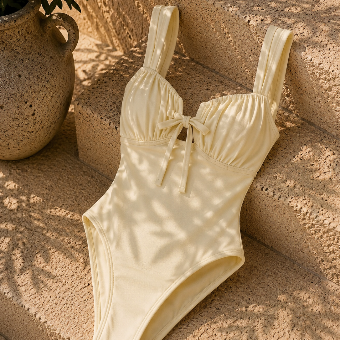 A cream-colored one-piece swimsuit with a tie-front detail, styled on textured stone steps with dappled sunlight and shadows.
