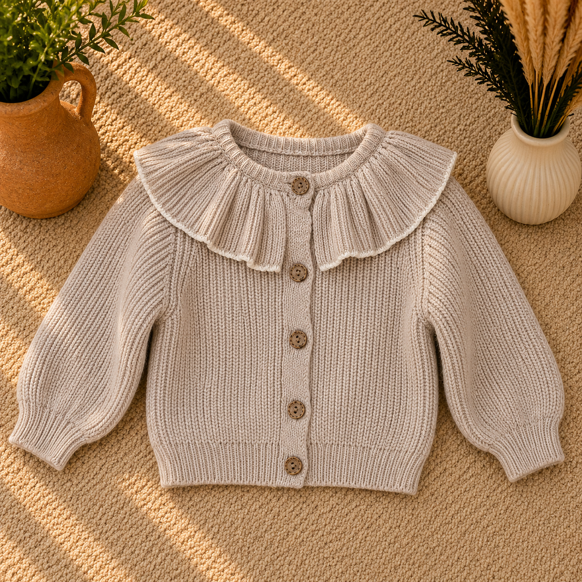 A baby knit cardigan sweater in a warm cream-beige color, featuring a large ruffled collar and brown wooden buttons, laid flat on a textured beige rug with decorative potted plants in the corners.