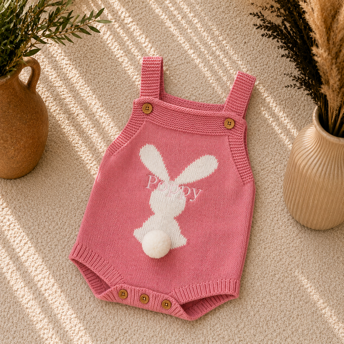 A pink knit baby romper with a white bunny design and the word 'Puppy' on the front, styled flat-lay on a textured beige surface with decorative vases.
