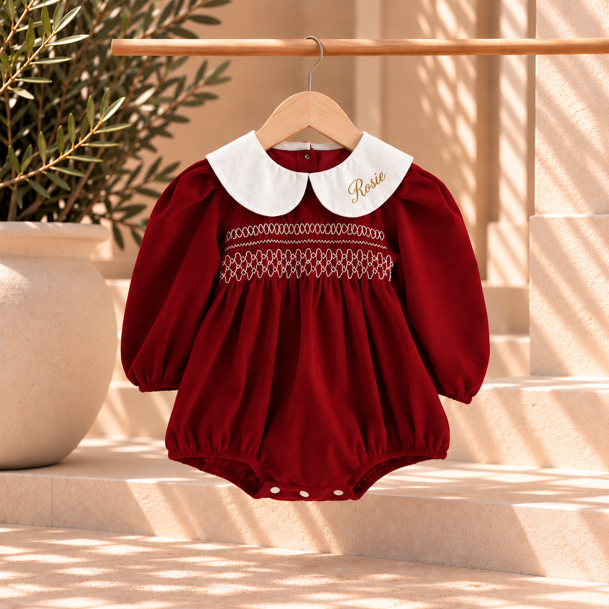 Personalised Burgundy Christmas Baby Romper | Peter Pan Collar
