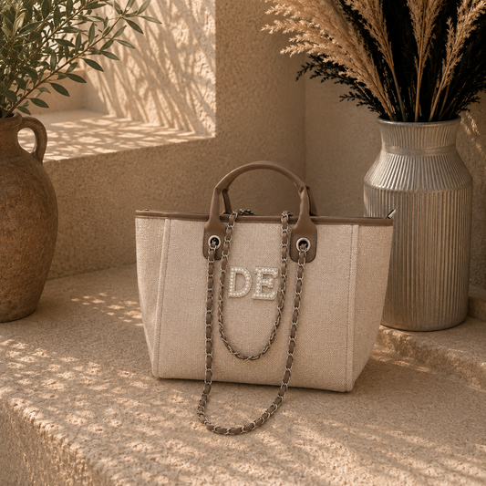 A structured beige tote bag with brown leather handles and trim, featuring a chain strap and a rhinestone-embellished 'DE' logo on the front. The bag is styled on a textured stone ledge between two decorative vases in warm, sunlit tones.