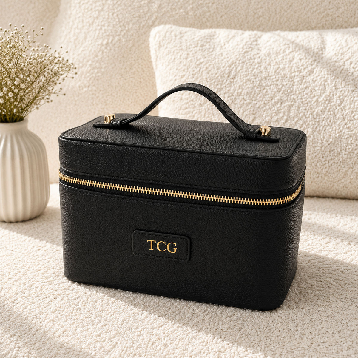 A black textured leather cosmetic case with a top handle, gold zipper, and a gold-embossed 'TCG' on the front, styled on a cream-colored sofa next to a vase of dried flowers.