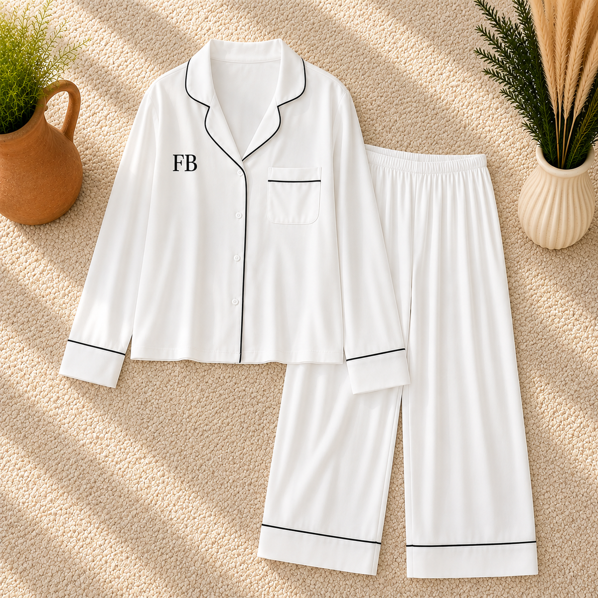 A two-piece white pajama set laid flat on a textured beige surface, including a long-sleeve button-front top with black piping and the letters 'FB' on the chest, plus matching wide-leg pants. Decorative potted plants sit at the top corners.