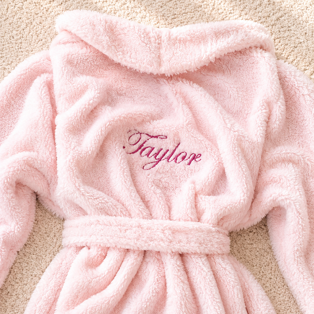Soft pink personalised luxury dressing gown with embroidered name