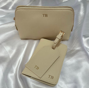 Beige travel set with wallet, mini make up bag and luggage tag personalised