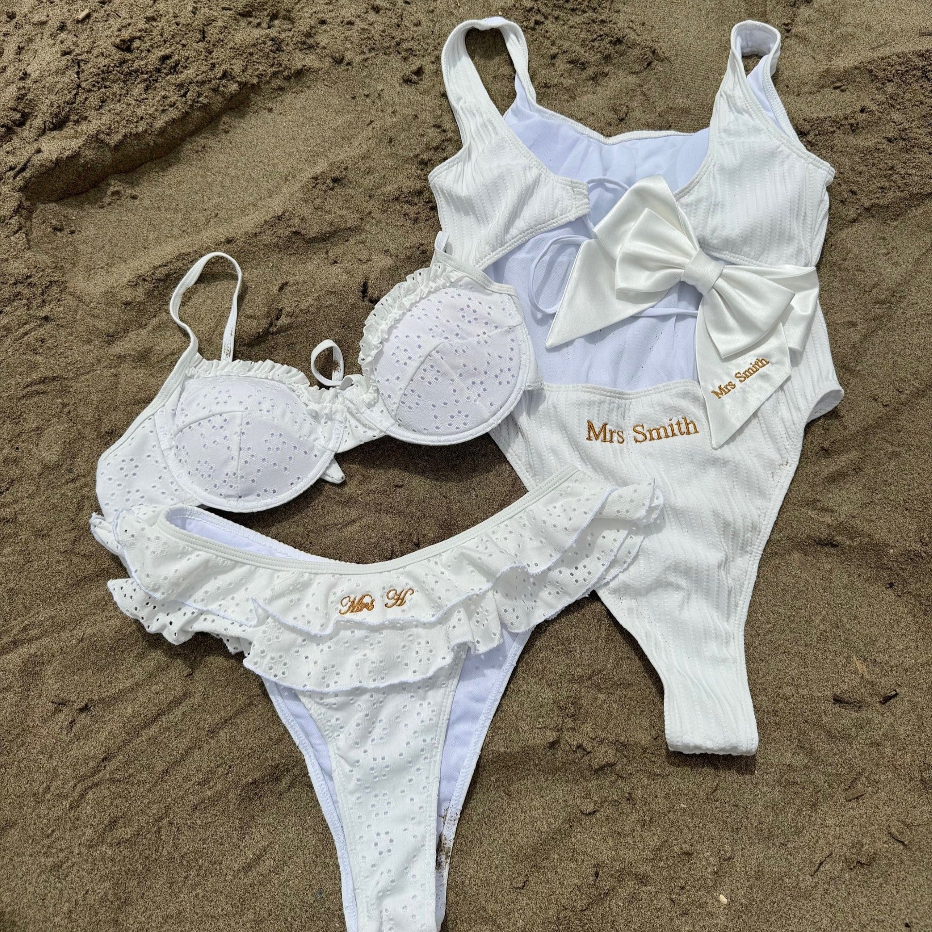 white bridal swimwear with personalisation on