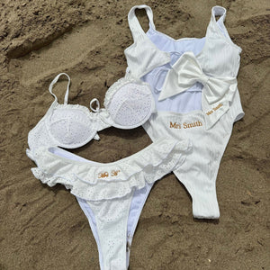 white bridal swimwear with personalisation on