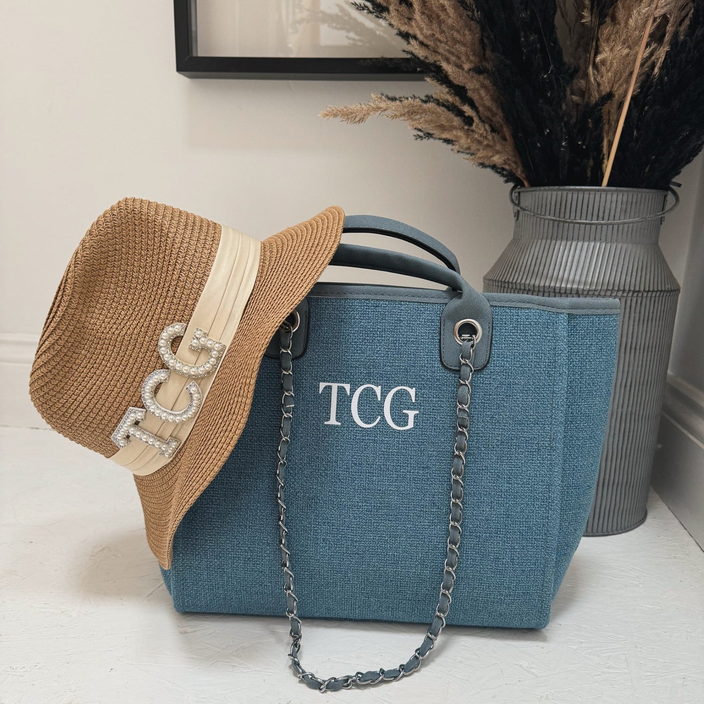 personalised blue tote bag with matching initials beach hat