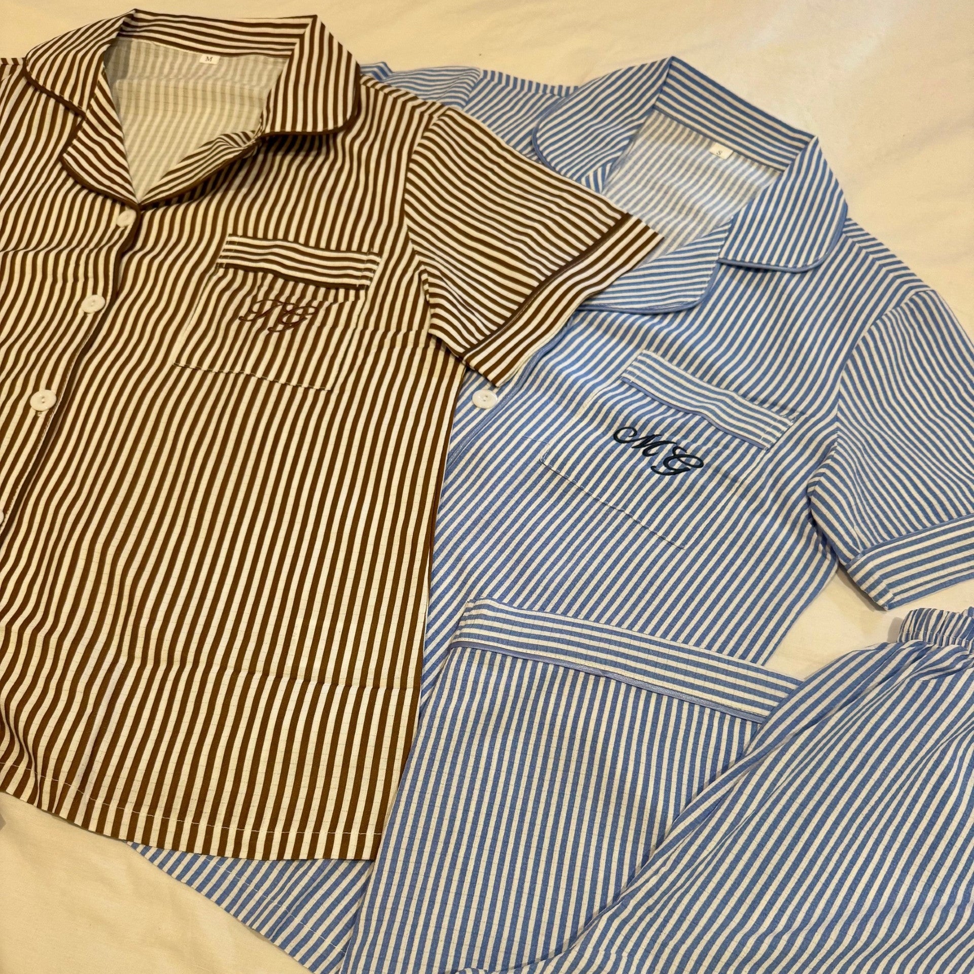 image of personalised stripe pjs on a flat service