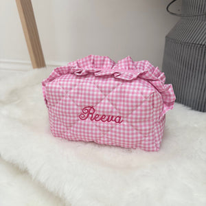 Personalised Gingham Cosmetic Bag For Travel Essentials Gift For Her Make Up Bag Travel Toiletry Bag Frill Make Up Bag Custom Make Up Pouch