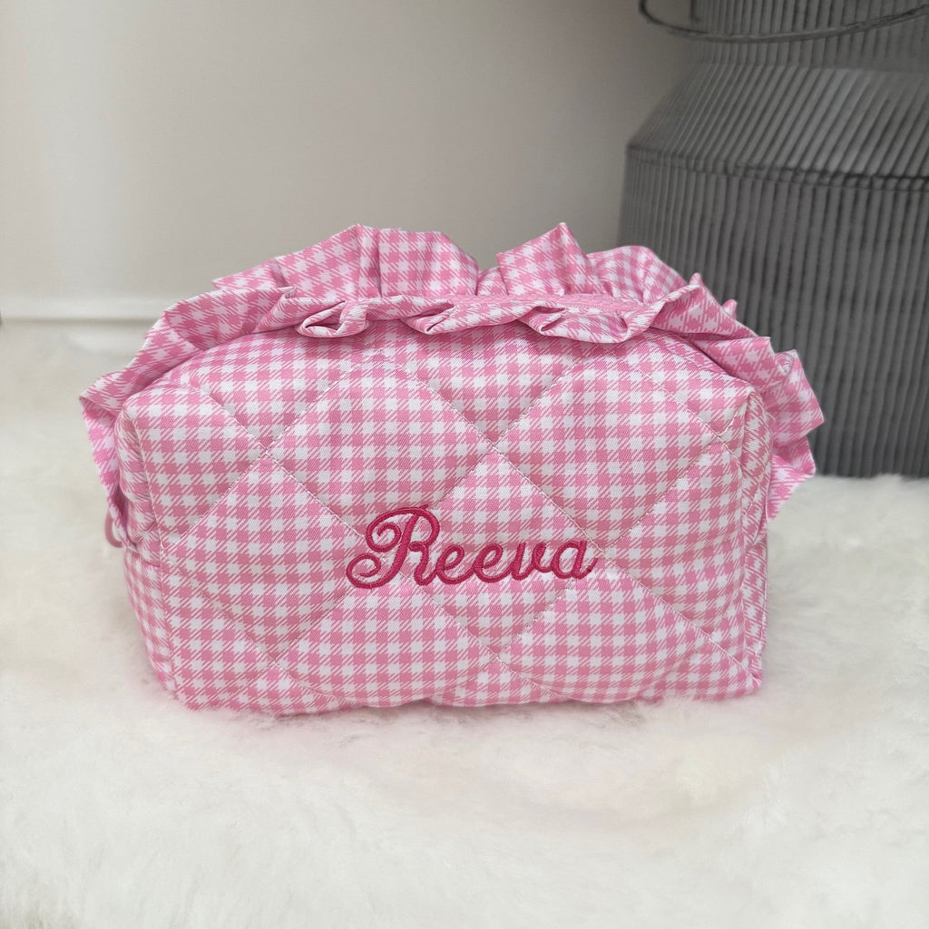Personalised Gingham Cosmetic Bag For Travel Essentials Gift For Her Make Up Bag Travel Toiletry Bag Frill Make Up Bag Custom Make Up Pouch