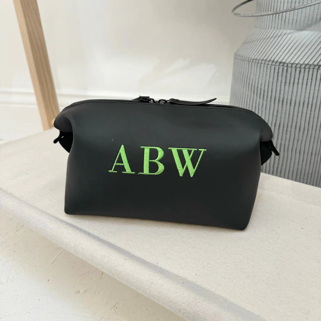 black washbag with green personalisation 