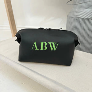 black washbag with green personalisation 