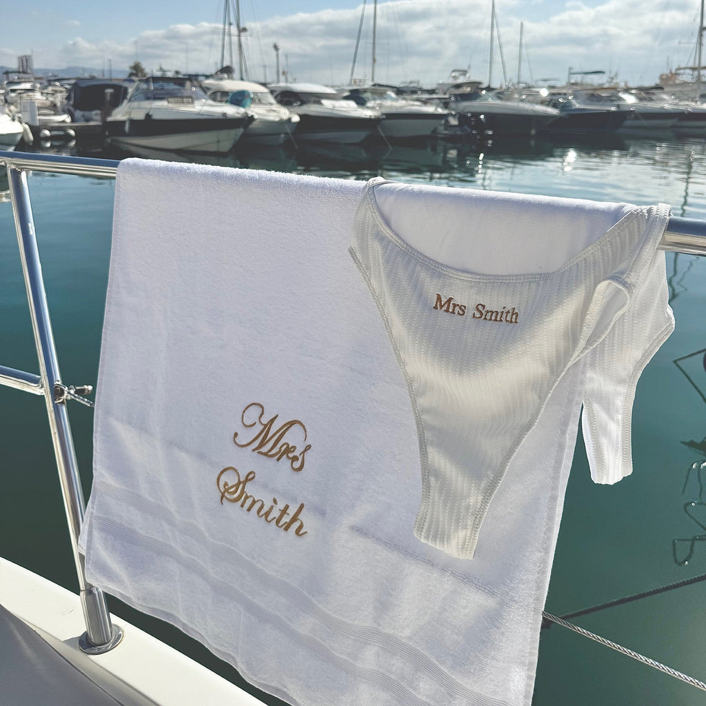 White bridal towel with mrs smith