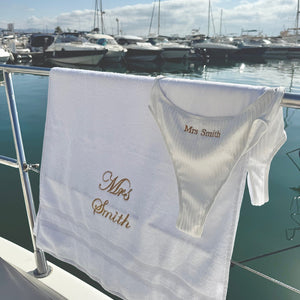 White bridal towel with mrs smith