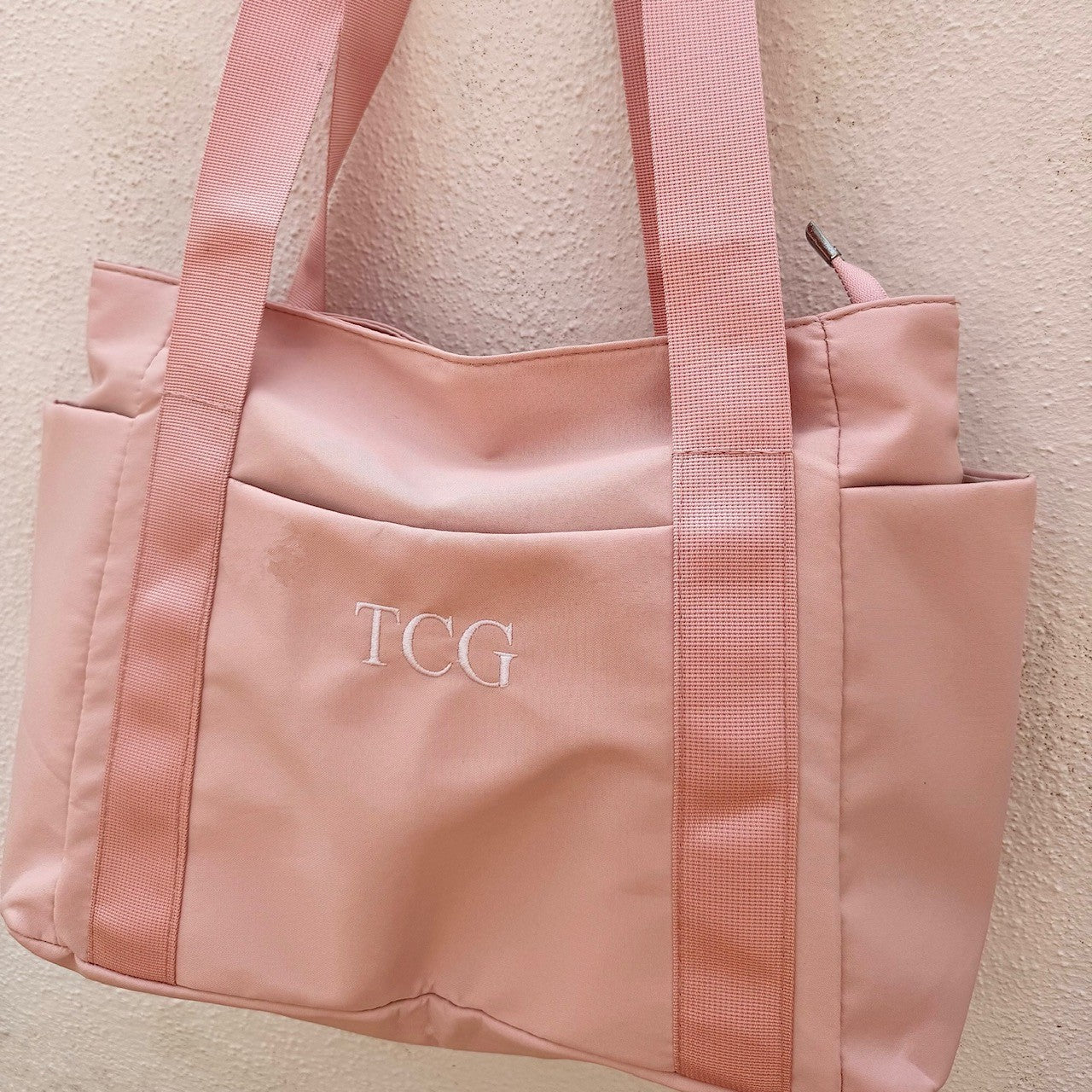 Personalised Tote Bag with initials in pink, close up image of the bag
