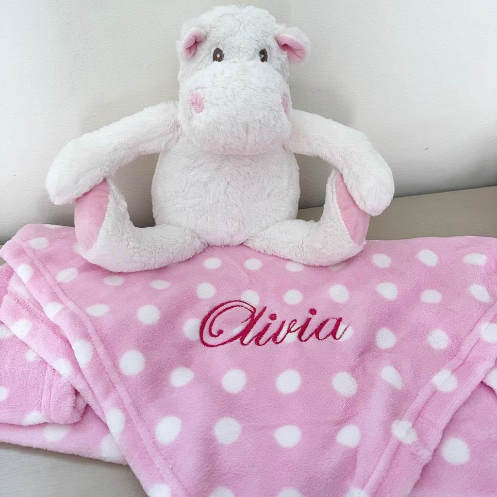 Personalised Baby Blanket and Toy Set In Pink with blanket out infront of toy