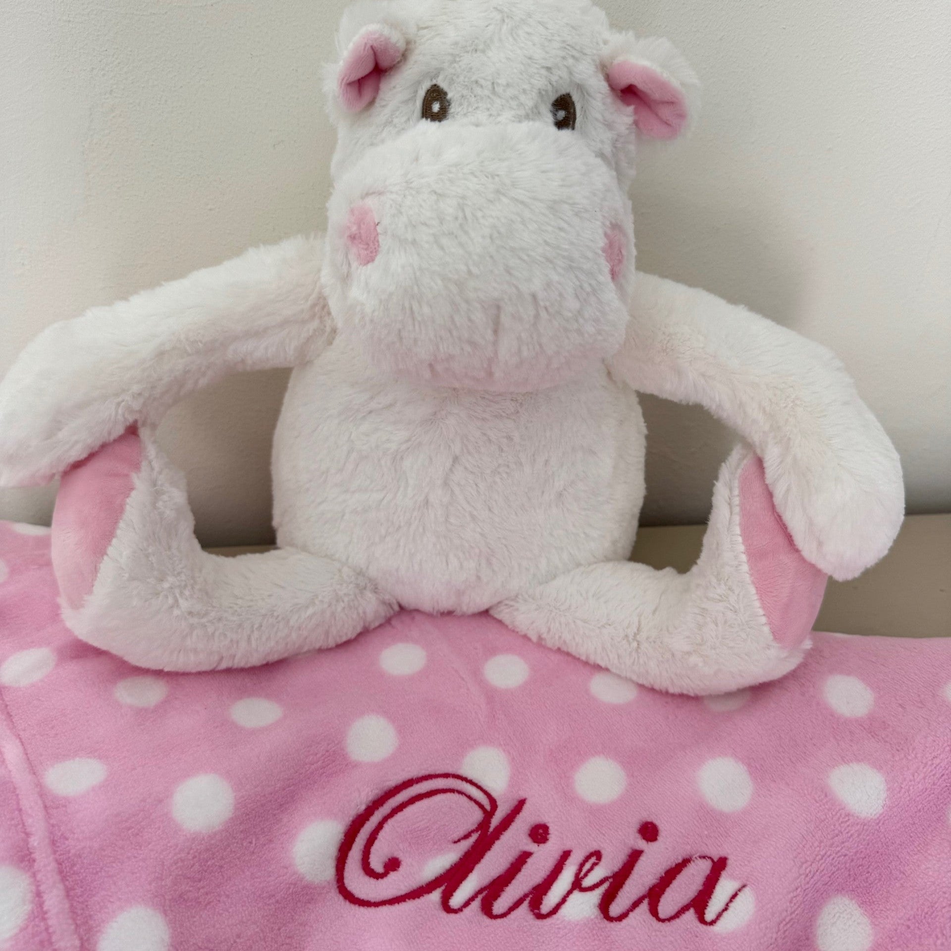 Personalised Baby Blanket and Toy Set in pink, close up image