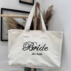 Personalised Bride Tote Bag Canvas Bag For Essentials Everyday Bag Honeymoon Bag Gift for Her Hen Party Bag Wedding Gift