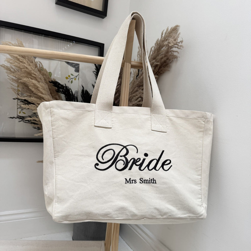 Personalised Bride Tote Bag Canvas Bag For Essentials Everyday Bag Honeymoon Bag Gift for Her Hen Party Bag Wedding Gift