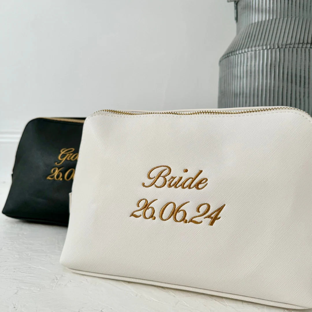 White wash bag with bride and personalised date on it embroidered