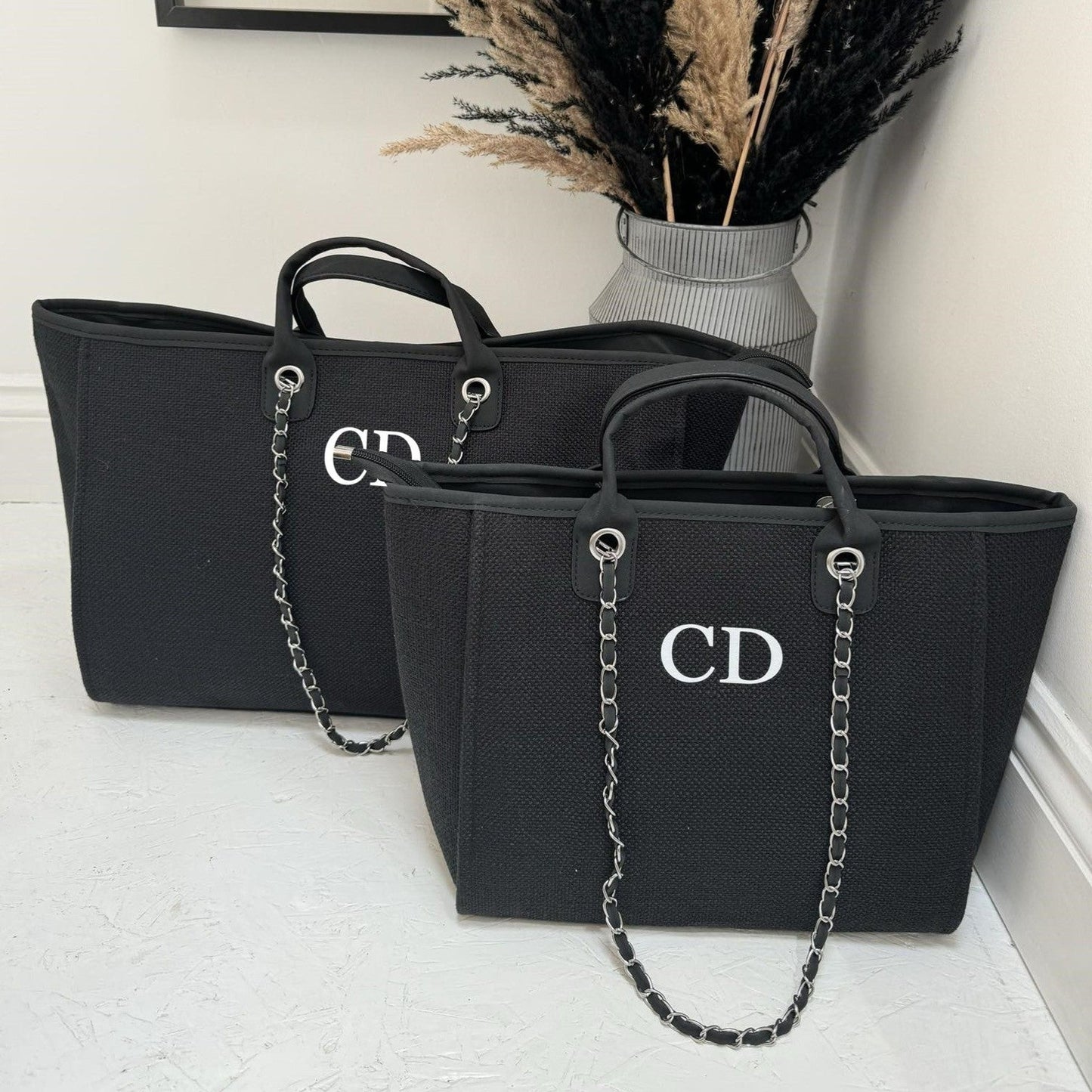 two black personalised tote bags matching