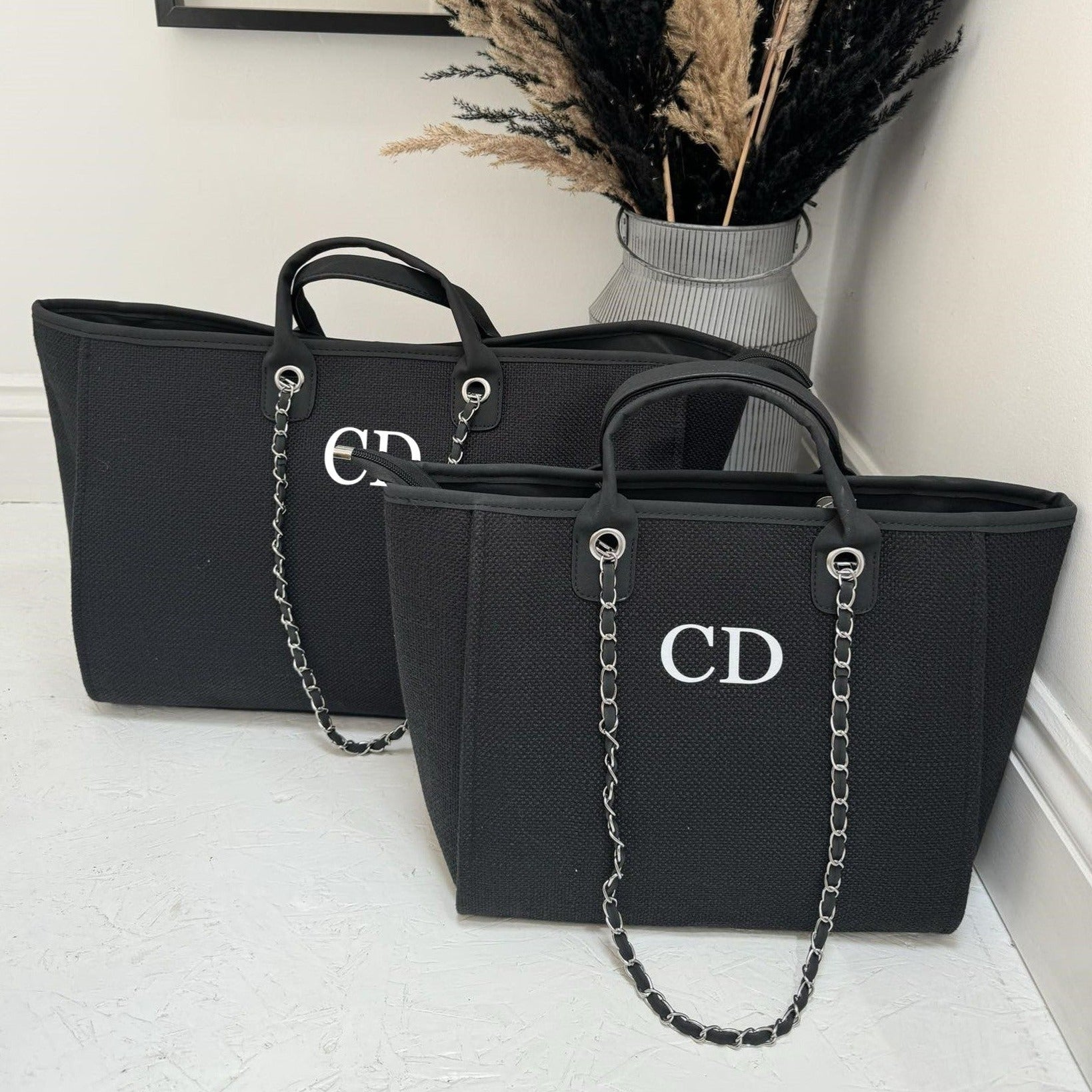 two black personalised tote bags matching