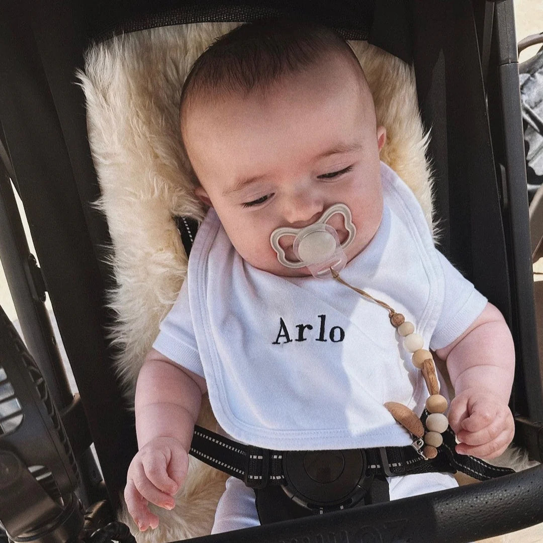 Baby in a stroller wearing a bib with 'Arlo' and holding a rattle.