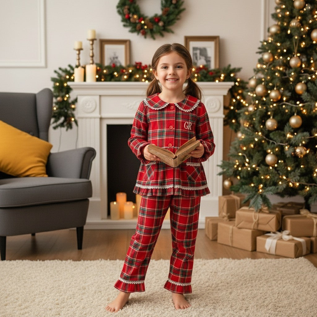 Young girl in red plaid pajamas holding a book in a festive living room with Christmas decorations.