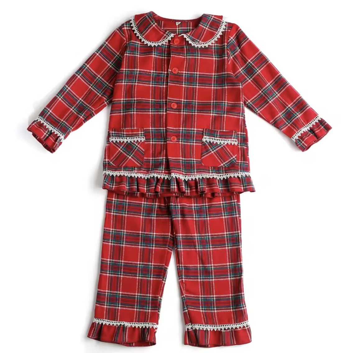 Red plaid pajama set with lace trim on a white background