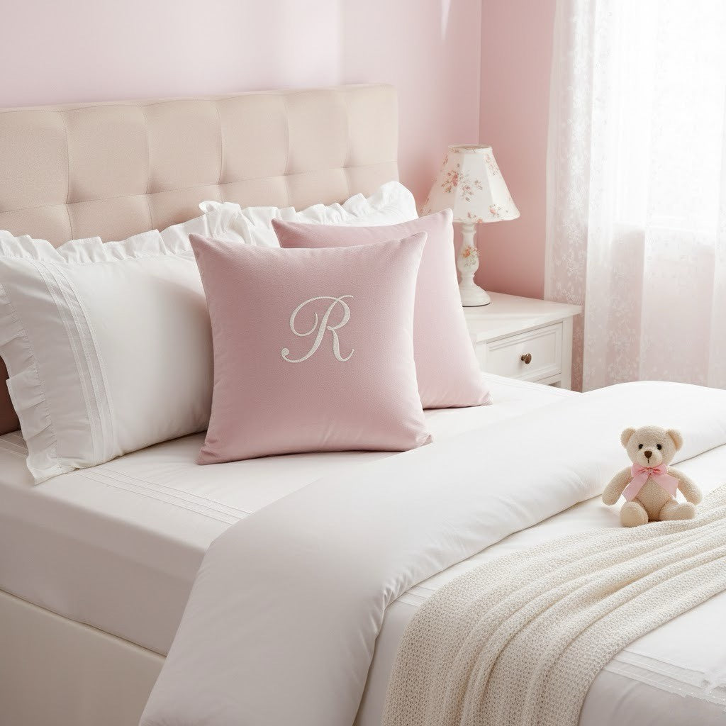 personalised pink cushion with letter R embroidered on it in a pink bedroom