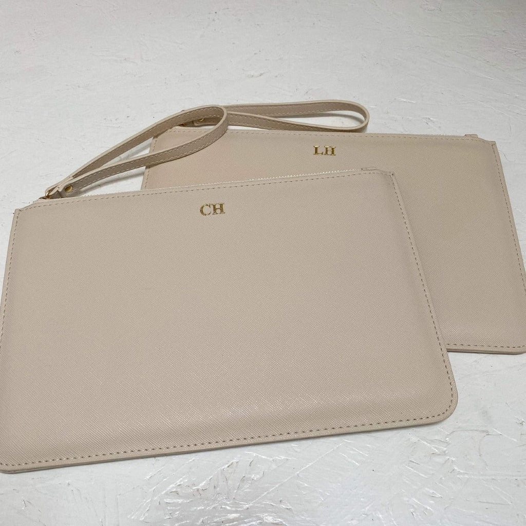 Personalised Pouch Accessory in beige. Image of two beige pouches.