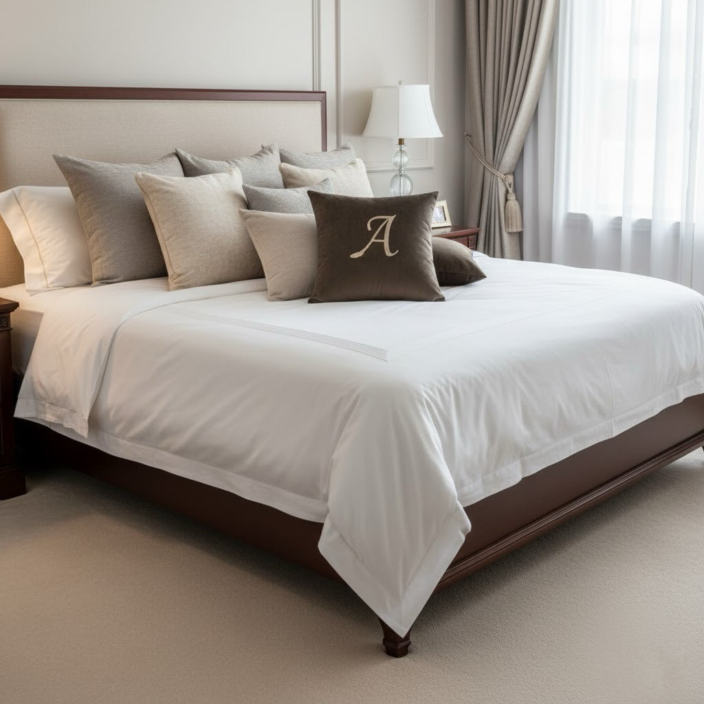 Brown personalised cushion with A on it in a neutral bedroom