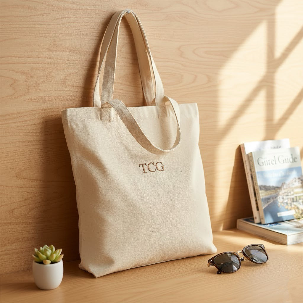 Beige tote bag with 'TCG' monogram on a wooden surface with books and sunglasses.