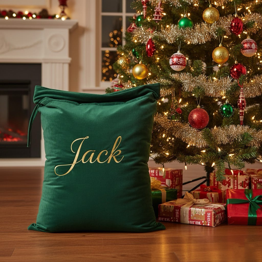 Green sack with 'Jack' embroidered on it in front of a decorated Christmas tree and fireplace.